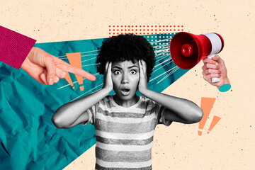 Composite photo collage of shocked american girl shut ears fake bullying promote hand point blame...