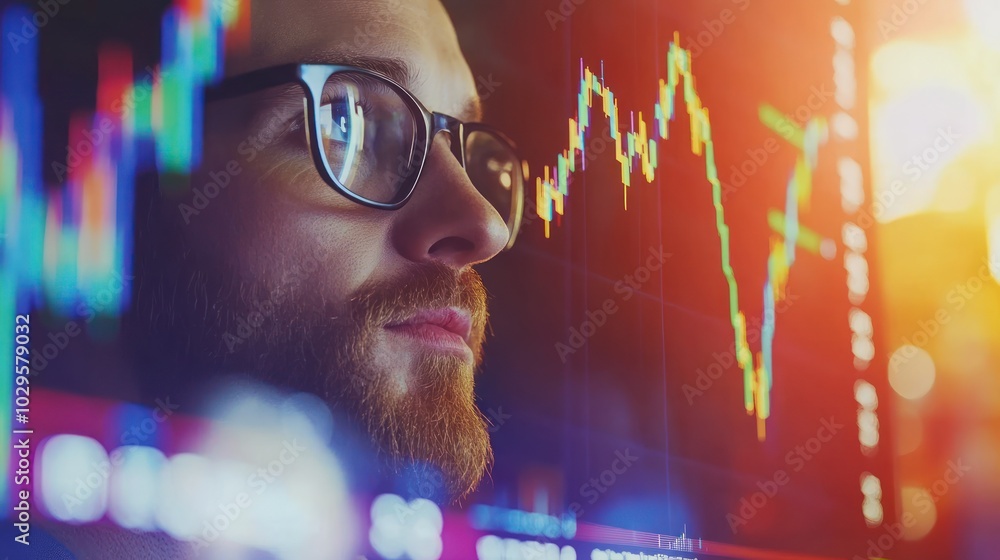 Poster man in glasses looking at a stock chart