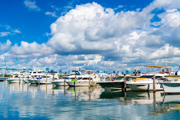 Private luxury boat anchored off Miami beach for summer vacation in marina bay South beach, Florida