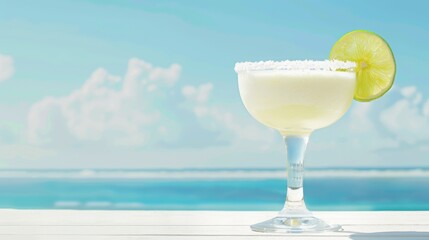 Refreshing margarita cocktail with lime slice on a sunny beach backdrop, perfect for summer vacation vibes and tropical relaxation.