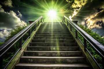 Fototapeta premium Stairway to Heaven: Candid Photography of Ascending Stairs Illuminated by Heavenly Light