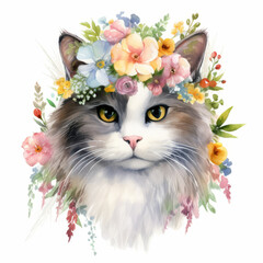 Watercolor Illustration of a Cat with Flower Crown - Perfect for Art Prints, Greeting Cards, and Home D?cor