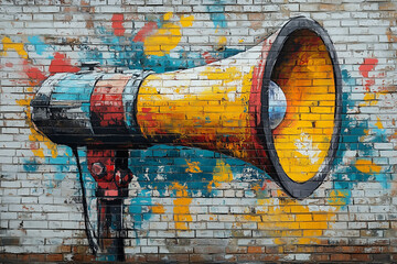 Colorful megaphone graffiti on a brick wall, showcasing vibrant street art and conveying a message...