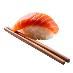 Single Salmon Nigiri Sushi Piece with Chopsticks Premium Transparent Background.