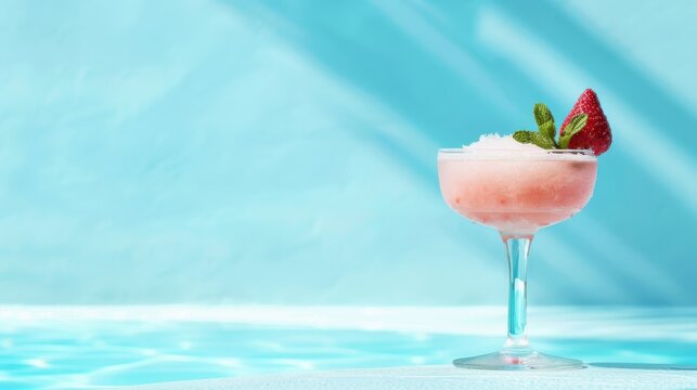 Refreshing pink cocktail with strawberry garnish by the poolside on a sunny day, perfect for summer vibes and relaxation.