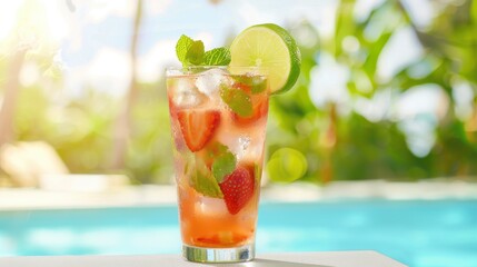 Fototapeta premium Refreshing strawberry mojito cocktail with lime and mint by a sunny poolside. Perfect summer drink idea for relaxation and vacation vibes.