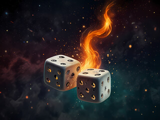 A pair of dice being thrown into the air, surrounded by stardust and fire. The dice symbolize Aries’ love for risk, with fate always hanging in the balance, ready to land in unpredictability. 