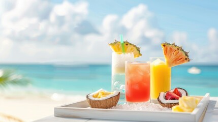 Obraz premium Refreshing tropical cocktails on a sandy beach with a clear blue sky and ocean backdrop, garnished with fresh fruits for summer relaxation.