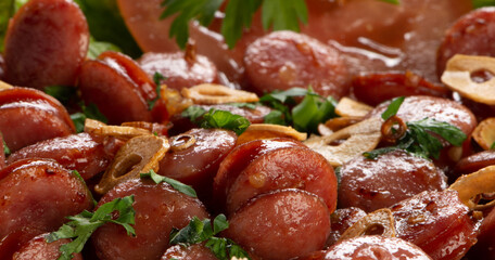 Portion of Fried Sausage with Onion and Roasted Garlic and Herbs