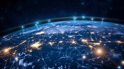 Obraz premium Earth at Night with Interconnected Luminous Points and Lines