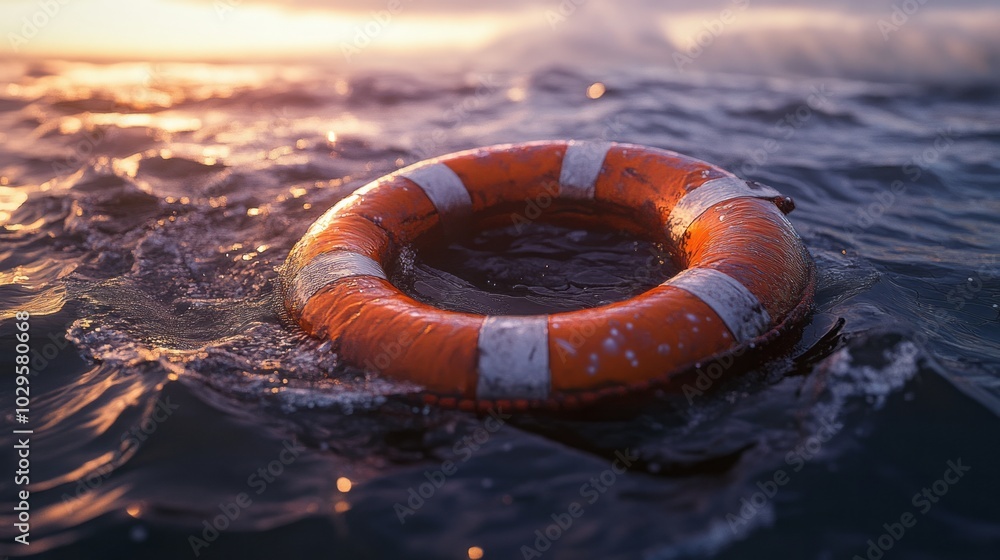 Wall mural orange lifebuoy in the water close up in the sea or ocean