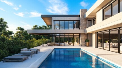 Obraz premium Beautiful huge luxury house with swimming pool and patio, with large panoramic windows against the background of light blue sky and green vegetation 