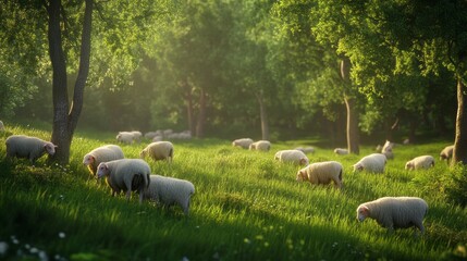 A flock of sheep grazes in a beautiful green wild meadow with lush green vegetation with space for text or inscriptions
