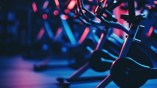 Row of Stationary Bikes in a Fitness Studio Lit by Pink and Blue Lights