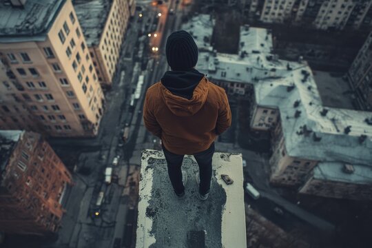 A man standing on the edge of a roof and looking down, the theme of suicide, depression and mental, psychological and emotional problems
