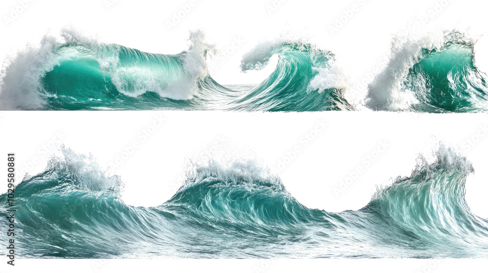 Poster dynamic water waves collection on white background generative ai
