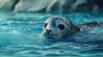 Obraz premium Close up shot of a seal swimming in the water looking into the camera with space for text 