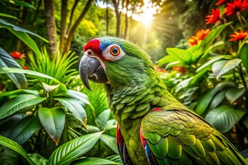 Naklejka premium Stunning Aerial View of a Vibrant Green Parrot in Lush Tropical Forest