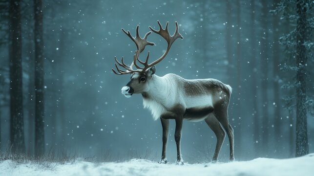 Beautiful shot of a reindeer on a forest road in winter with space for text
