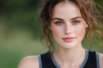 Fototapeta premium Young woman with natural makeup, soft smile, loose hair, outdoor portrait, greenery background, soft lighting, relaxed expression, beauty in nature, serene vibe, copy space for text.