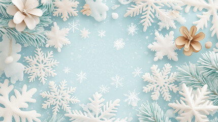 White snowflakes and pine branches on a light blue background.