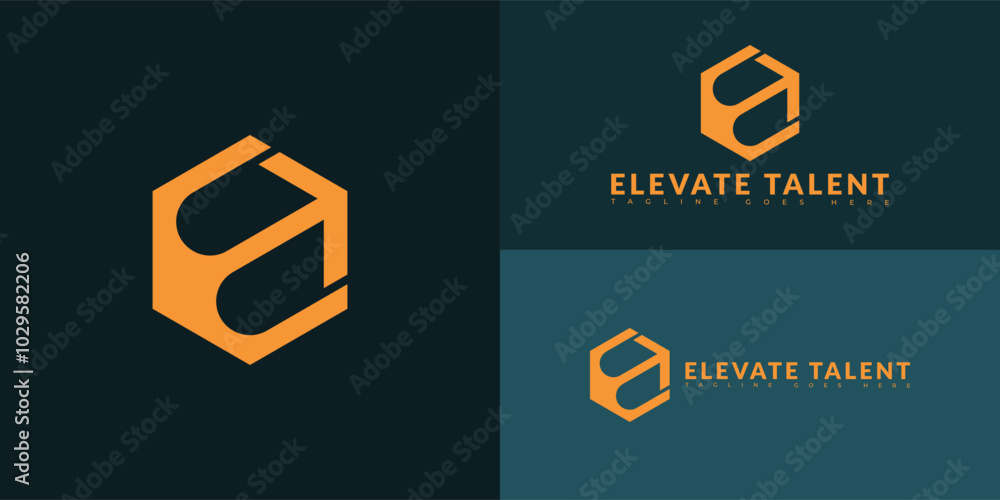 Poster modern hexagon initial vector letter et or te logo in orange color isolated on multiple background c