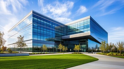 Modern glass office building with a grassy lawn and blue sky.