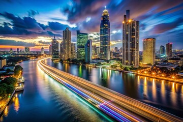 Fototapeta premium Stunning Bangkok Skyline at Night - Captivating Low Light Cityscape Photography