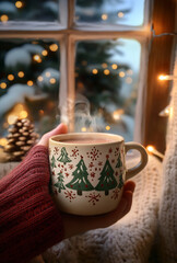 Cozy winter season moment with steaming cup of hot beverage by the window decorated for holidays