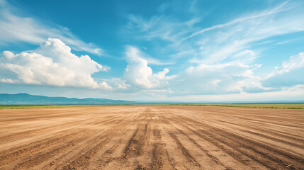 Fototapeta premium Empty land lot cleared for construction with a bright blue sky with clouds in the background.
