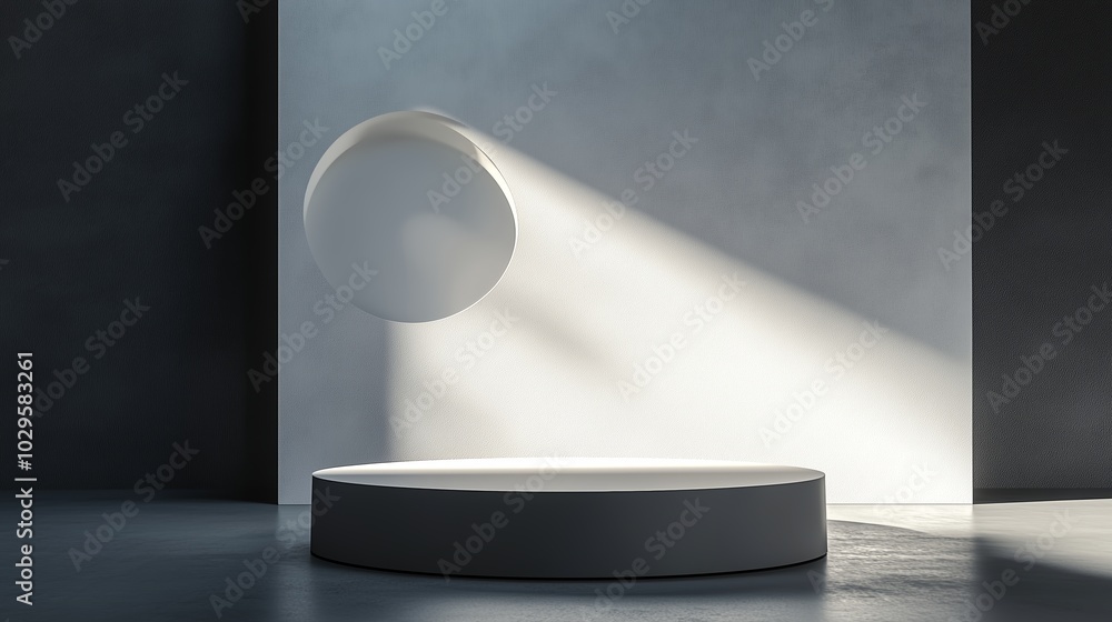 Poster a minimalistic display with a levitating object illuminated by soft light in a contemporary setting