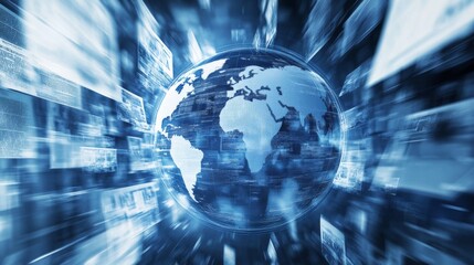 Futuristic digital globe surrounded by glowing data patterns, representing global connectivity and technology.
