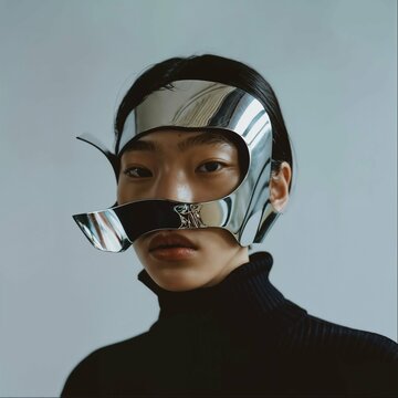 A woman wearing a futuristic headwear 