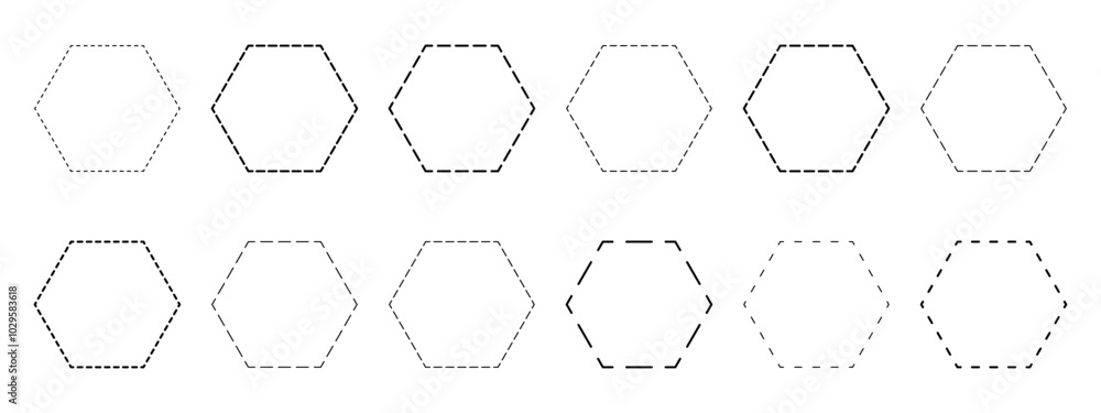 Wall mural set of hexagon shapes with dashed lines. dotted geometric figures isolated on white background. cut 