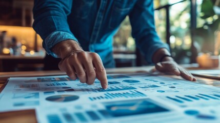 Fototapeta premium Person is analyzing business charts and graphs on paper, using a pen, with a laptop nearby, emphasizing productivity and data organization.