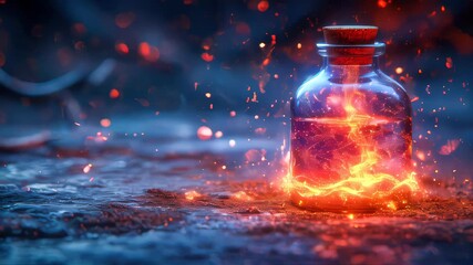 Burning magic potion in crystal bottle. Halloween witchcraft and alchemy concept - Powered by Adobe