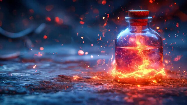 Burning magic potion in crystal bottle. Halloween witchcraft and alchemy concept
