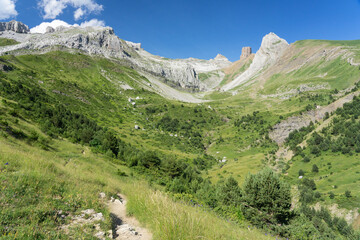 Aisa valley mountains at sunset in the occidental pyrenees valleys in the north of Spain. Huesca,...
