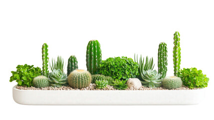 A beautiful indoor cactus garden in a sleek white planter. Perfect for home or office decor, adding a touch of greenery and serenity. © Miso Ai