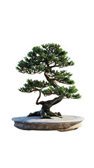 A beautifully crafted bonsai tree with intricate branches and lush foliage, displayed on a round ceramic pot, isolated on a white background.