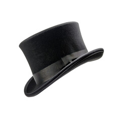 A classic black top hat with a sleek design, perfect for formal occasions and vintage fashion. Isolated on a white background.