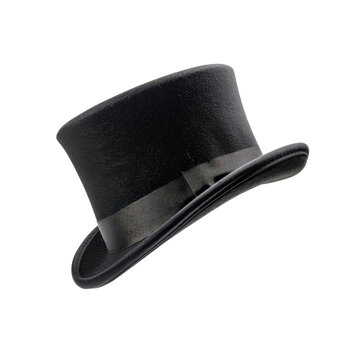 A classic black top hat with a sleek design, perfect for formal occasions and vintage fashion. Isolated on a white background.