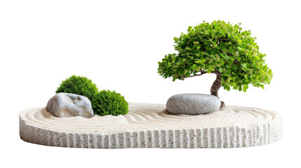 A serene Japanese Zen garden with bonsai tree on raked sand, perfect for meditation and tranquility...