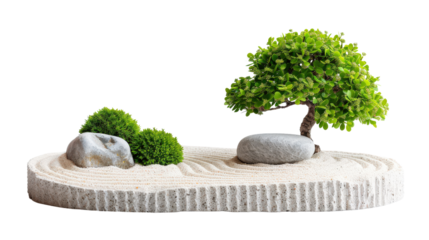 A serene Japanese Zen garden with bonsai tree on raked sand, perfect for meditation and tranquility in minimalist design.