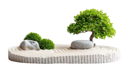 Fotobehang Bonsai A serene Japanese Zen garden with bonsai tree on raked sand, perfect for meditation and tranquility in minimalist design.  © Miso Ai