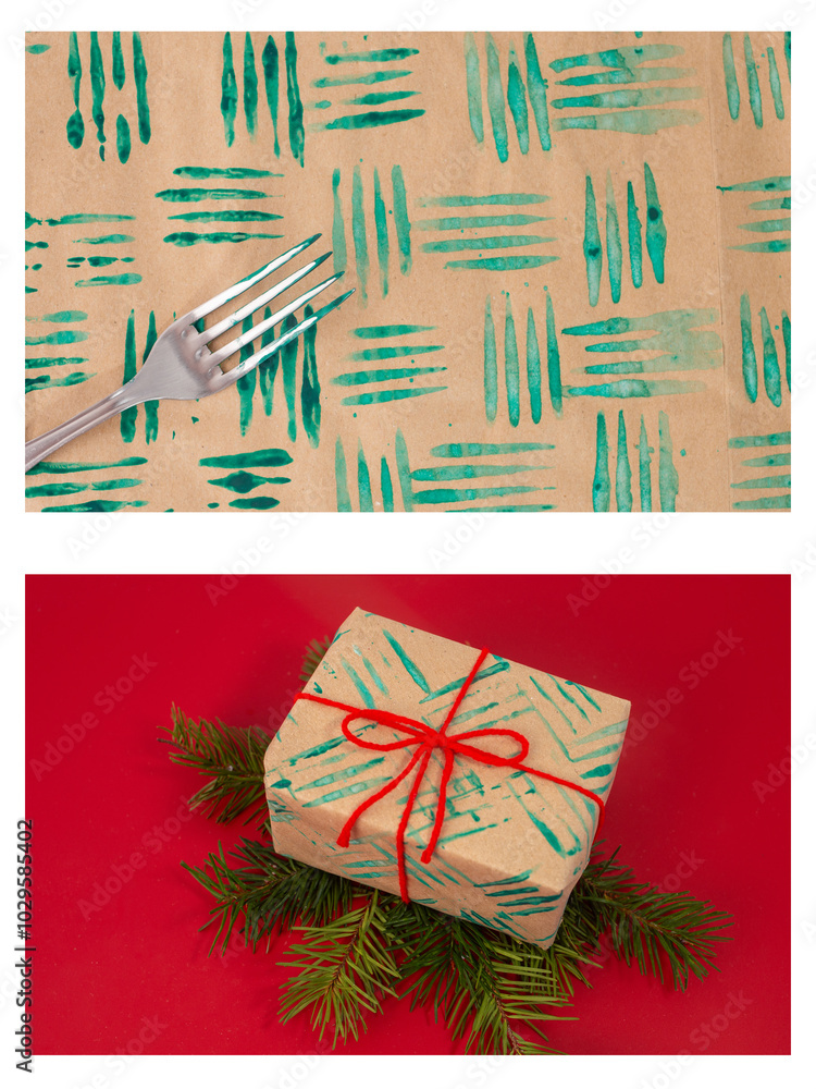 Wall mural Fork and paint decorative stamp tutorial, DIY personalized wrapping paper. Creative Christmas activity for kids, crafting unique designs on paper with simple materials for festive fun