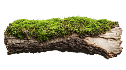 Close-up of a rustic wooden log covered in vibrant green moss, isolated on a white background. Perfect for nature or organic themes.