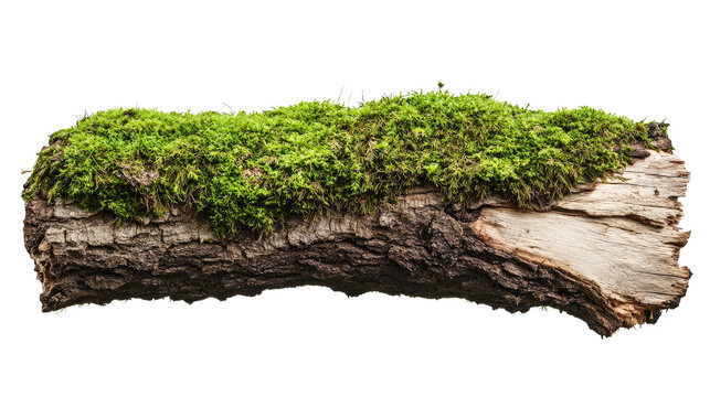 Close-up of a rustic wooden log covered in vibrant green moss, isolated on a white background. Perfect for nature or organic themes.