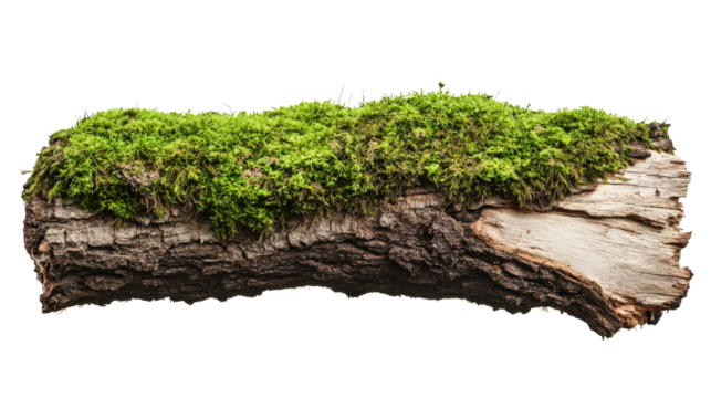 Close-up of a rustic wooden log covered in vibrant green moss, isolated on a white background. Perfect for nature or organic themes.