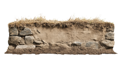 Cross-section of soil layers with grass and rocks, showcasing the geological structure and textures in an outdoor environment.
